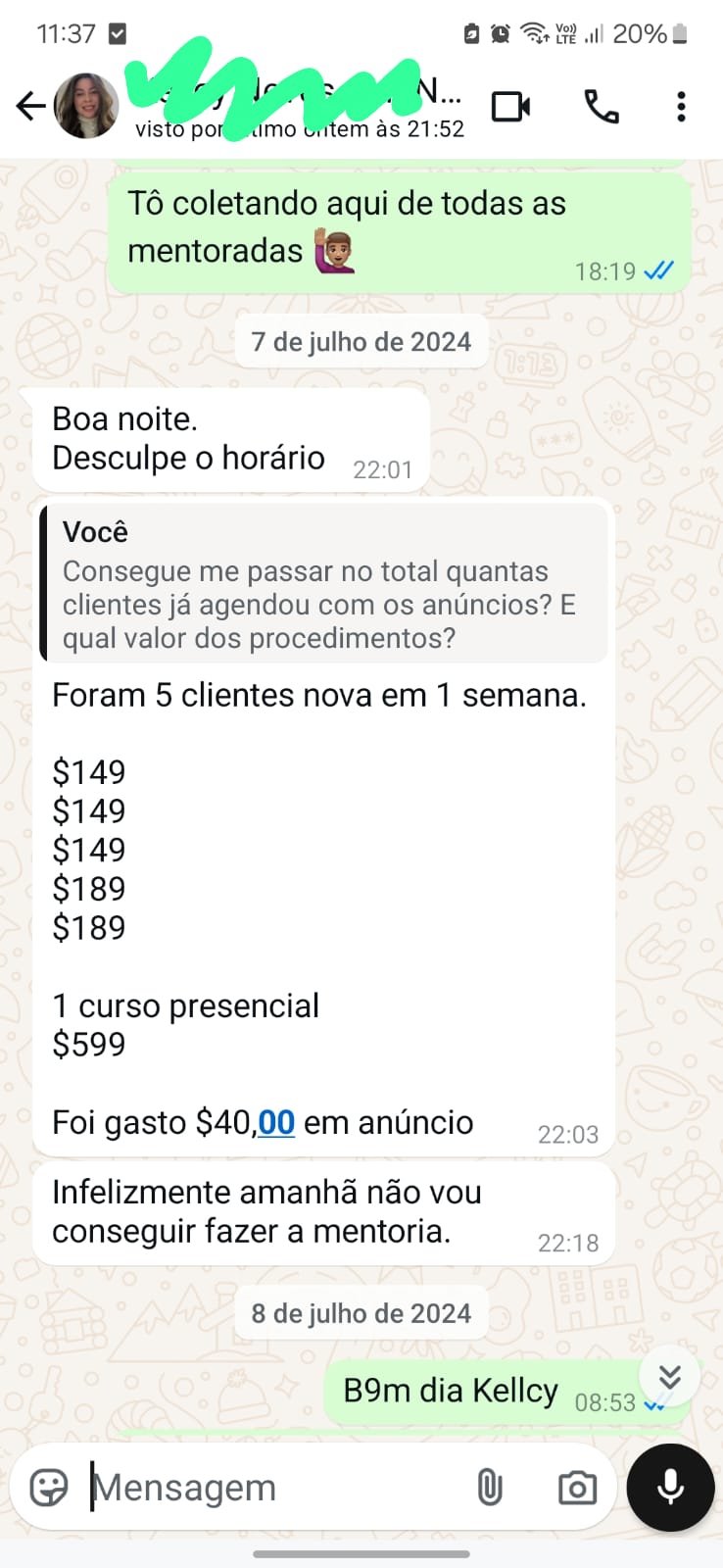 Print de conversa com resultado da Kelcy